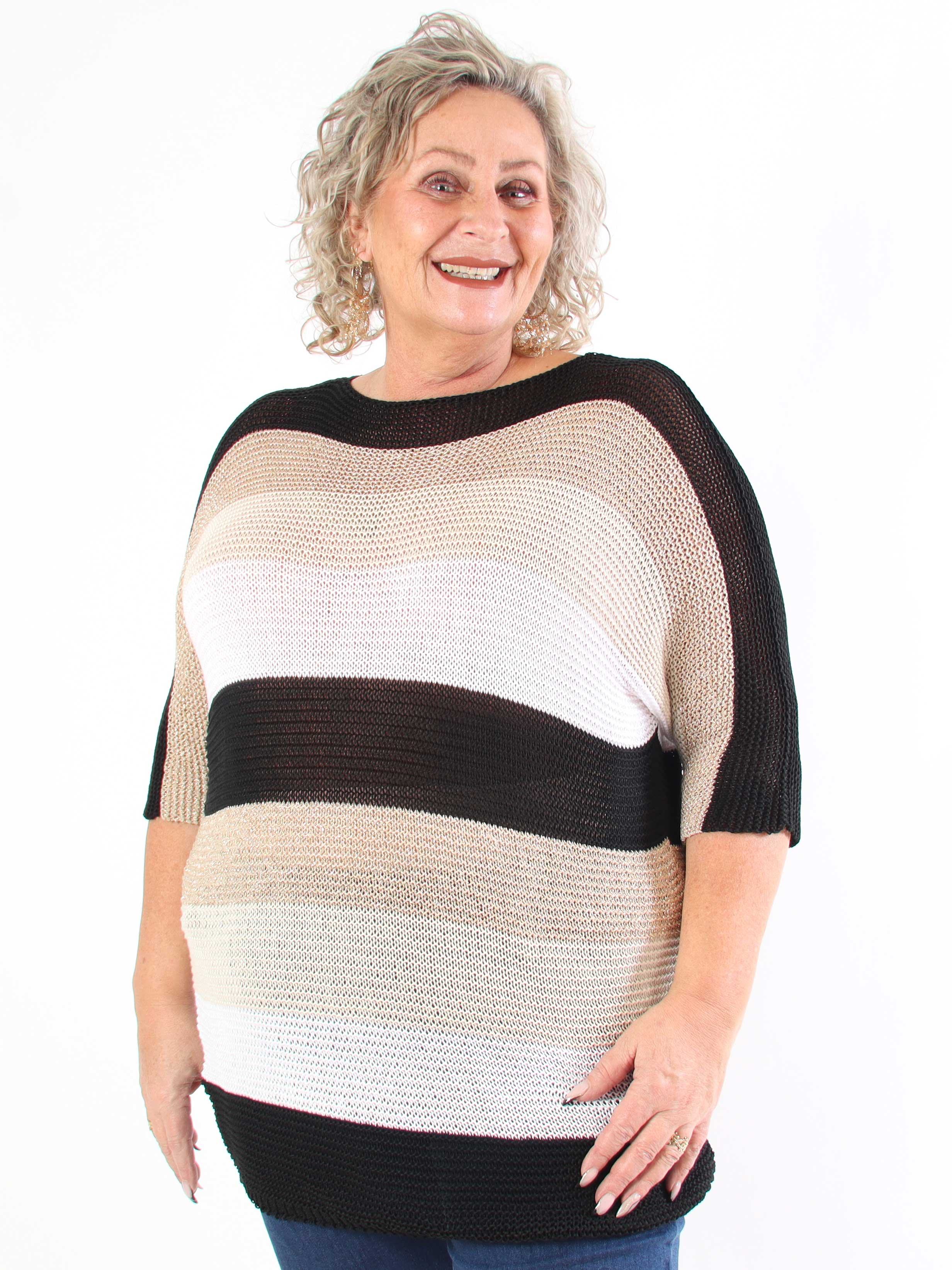 Nina Long - Randig stickad klänning i plus size med glittertrådar